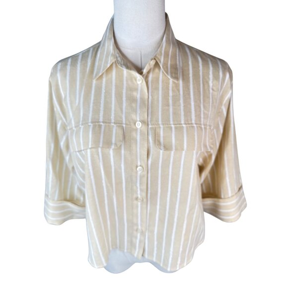 ZARA XS Beige & White Striped Button-Up Cropped Shirt With 3/4 Sleeves - Picture 6 of 12